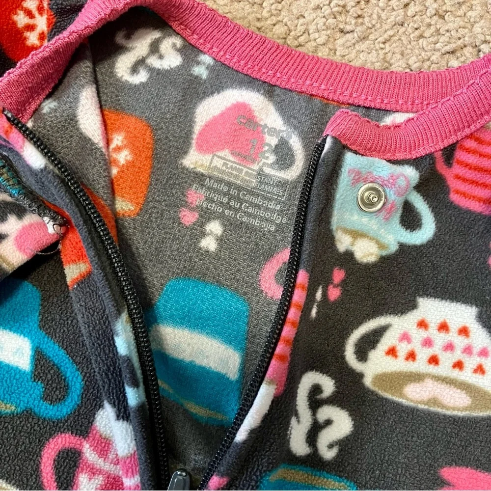 Carter's Girls Grey Fleece Hot Cocoa Footie Sleeper Sz 12M‎
